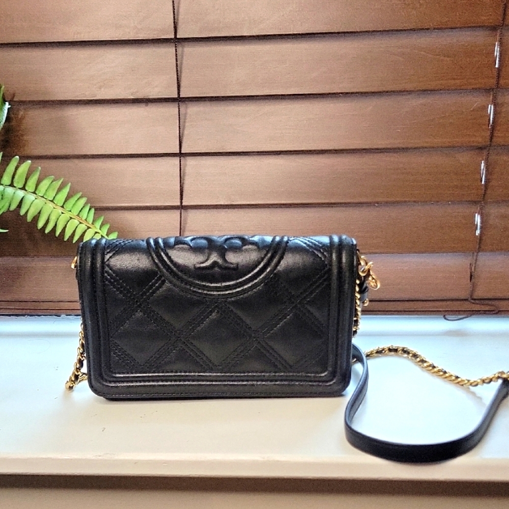 Tory Burch Black Quilted Leather Crossbody with Gold Chain